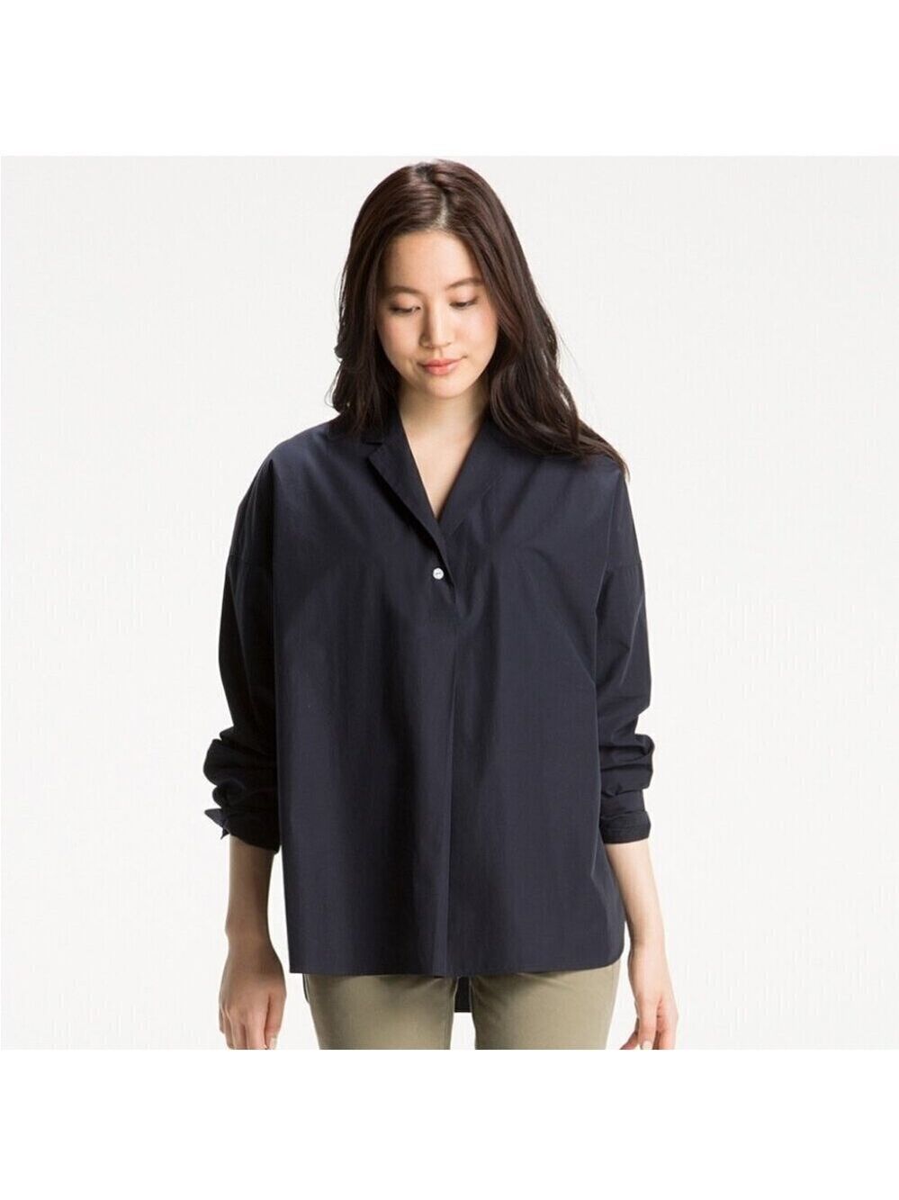 * Uniqlo Navy Extra Fine Cotton Oversized Open Collar Long Poplin Shirt Size S